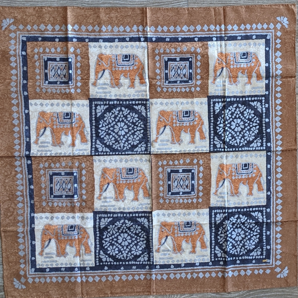 Jim Thompson Thai silk scarf square with gold and silver elephant design